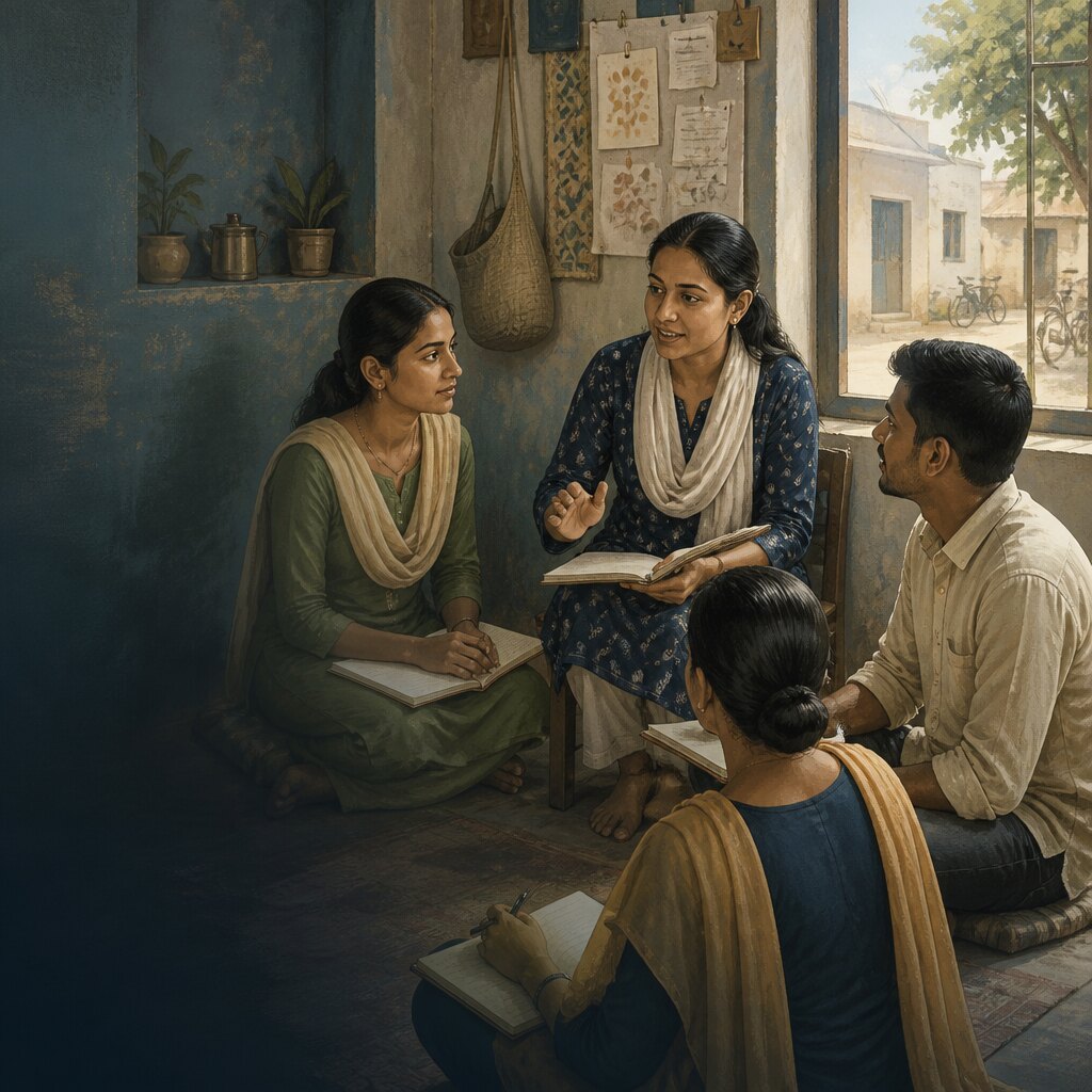 Illustration of Indian adults sharing ideas at a community learning workshop.