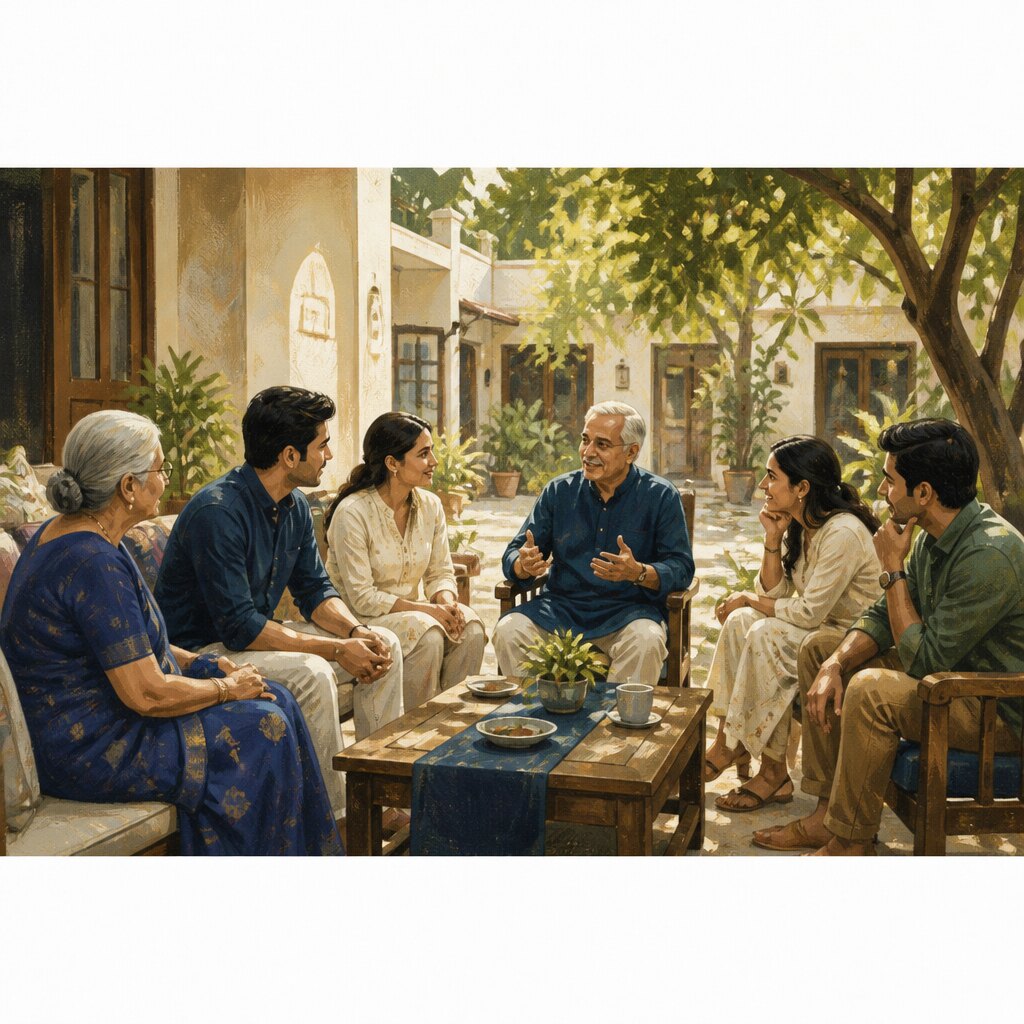 Illustration of Indian neighbours from different generations talking together around a courtyard table.
