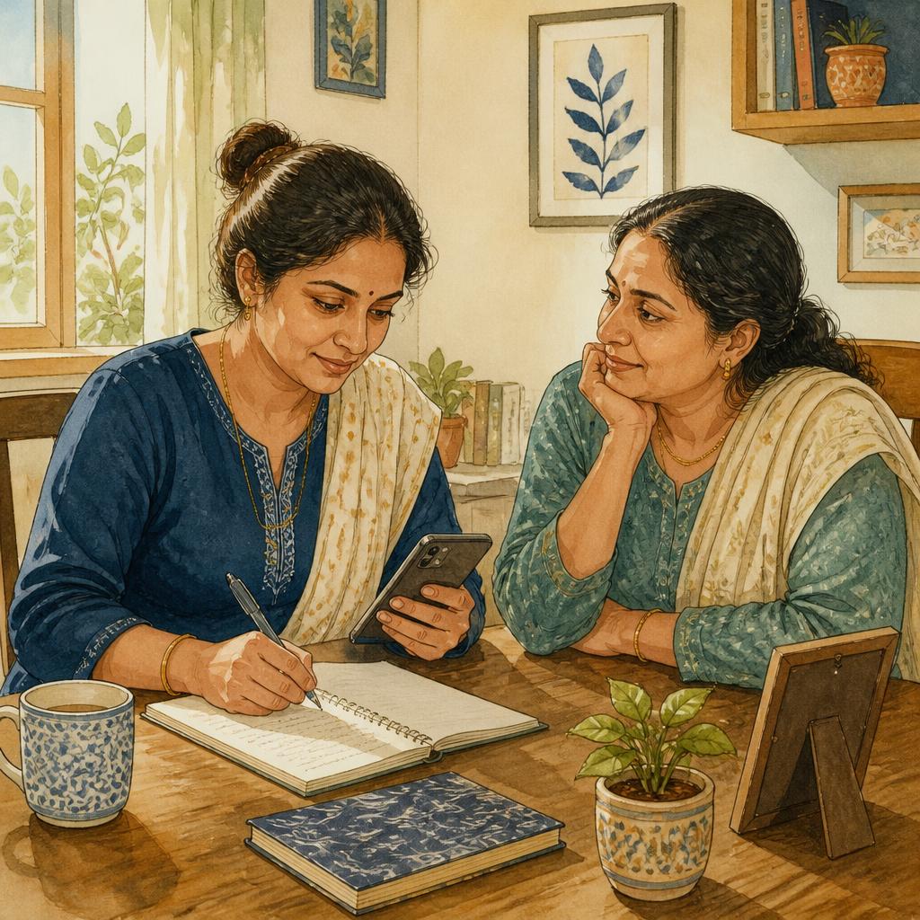 Illustration of two women sharing a story and listening together at a table.